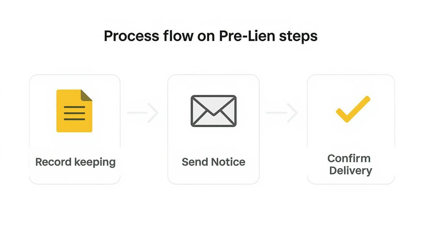 A flowchart illustrates three essential steps in the pre-lien process: record keeping, sending notice, and confirming delivery.