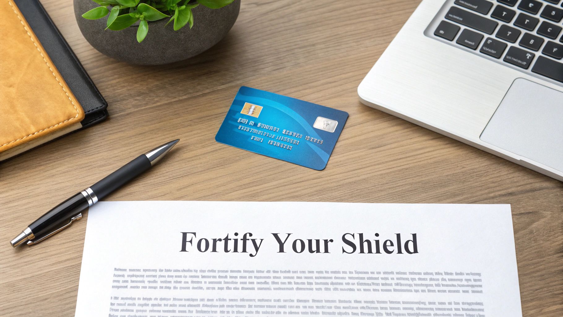 A desk with a laptop, pen, credit card, and a document titled 'Fortify Your Shield'.