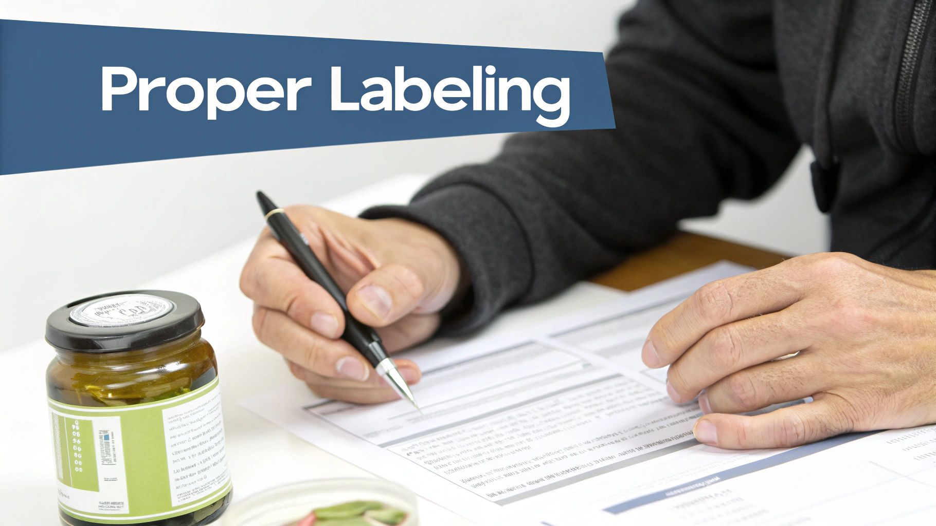 Close-up of a person writing on a document, with a product jar and a 'Proper Labeling' banner.