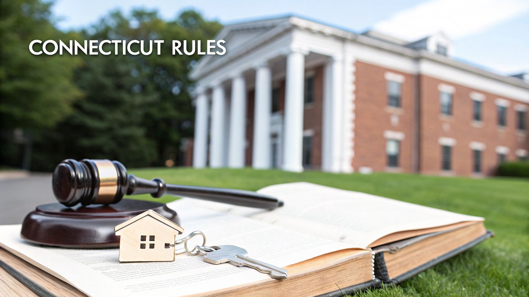 A gavel, house key, and open law book on grass in front of a court building, with 'CONNECTICUT RULES' text.