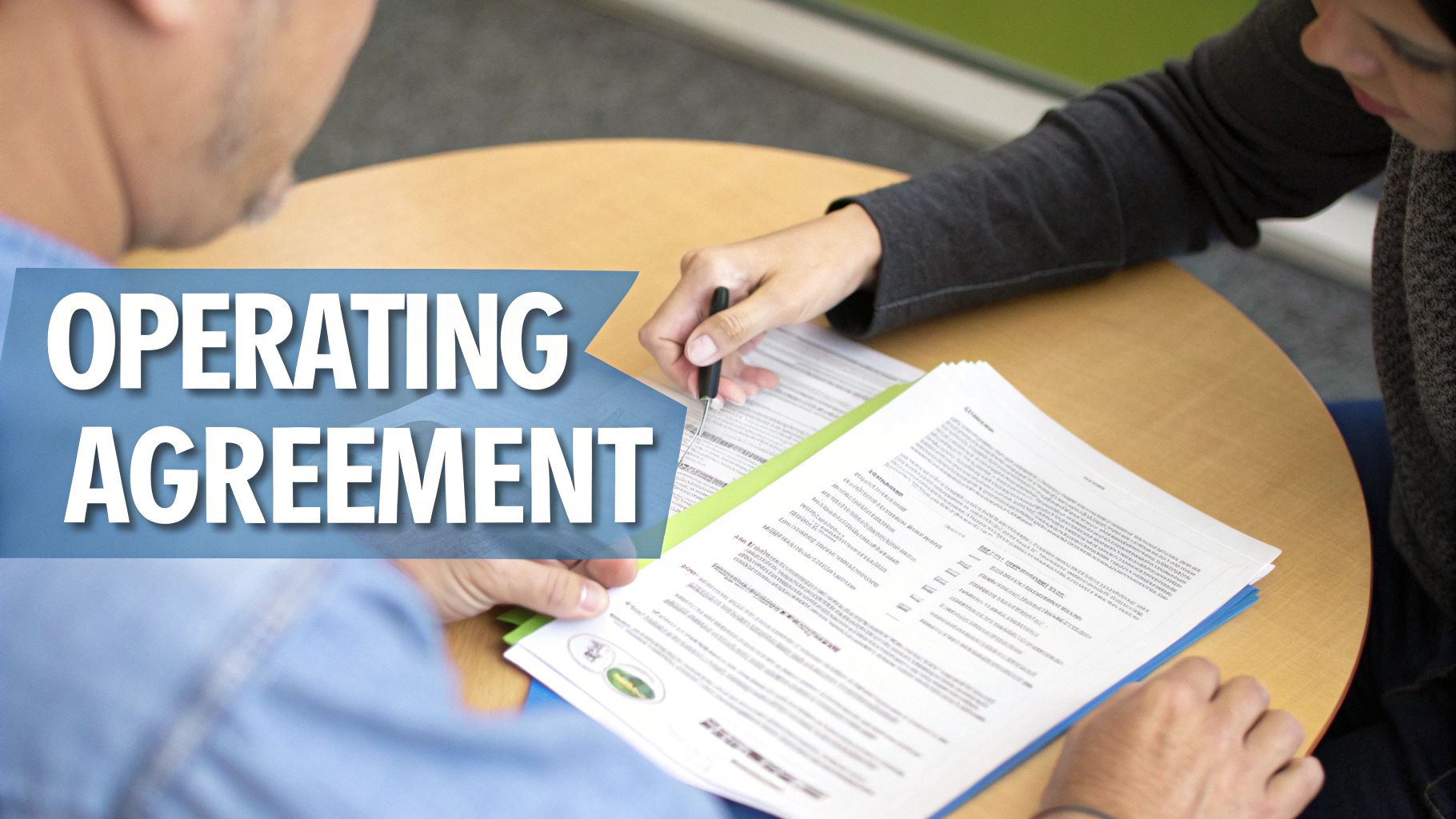 Two people review and sign an operating agreement document with a pen at a table.
