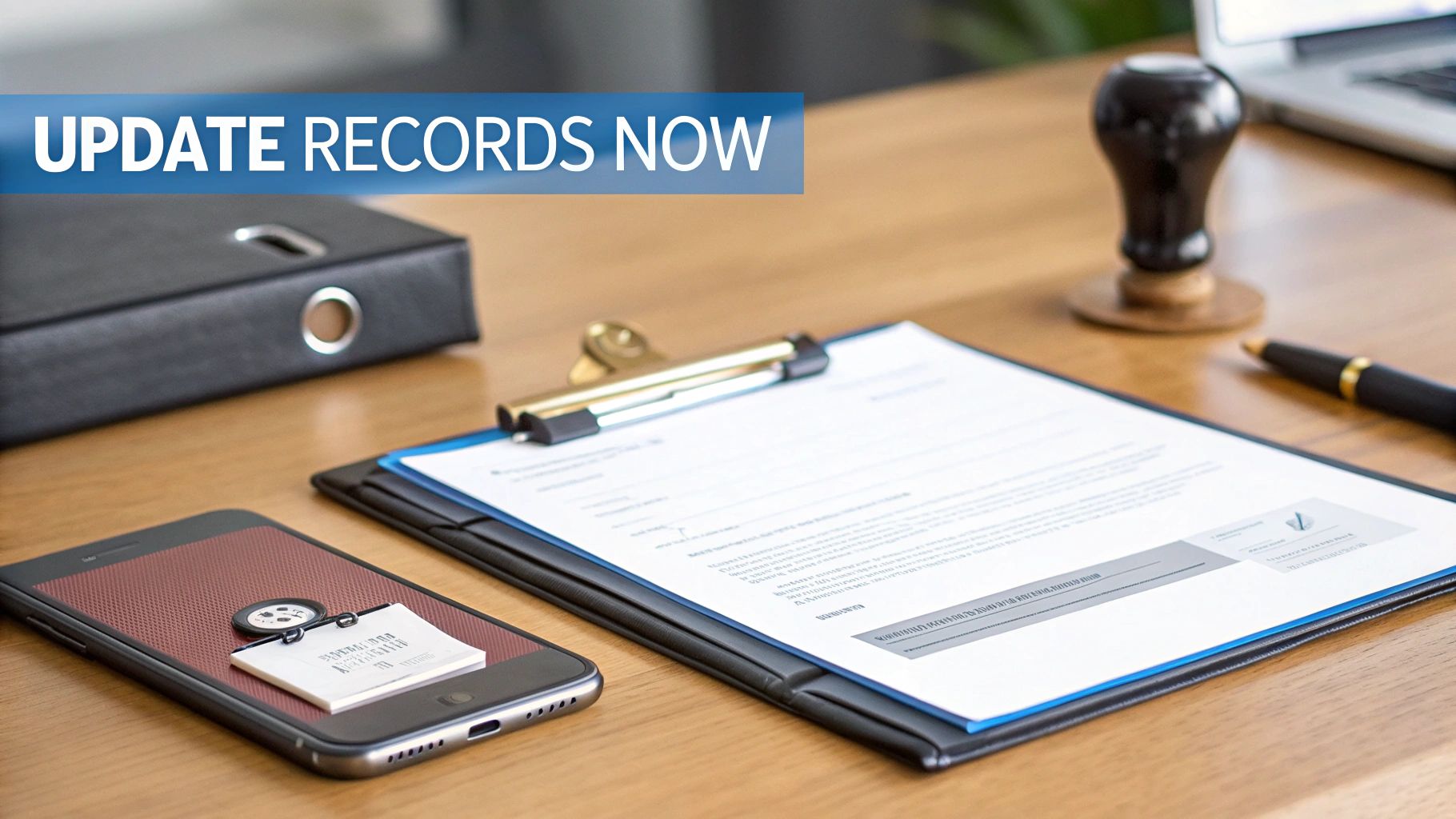 A desk with a smartphone, a document on a clipboard, a pen, a stamp, and a binder. A banner says 'UPDATE RECORDS NOW'.