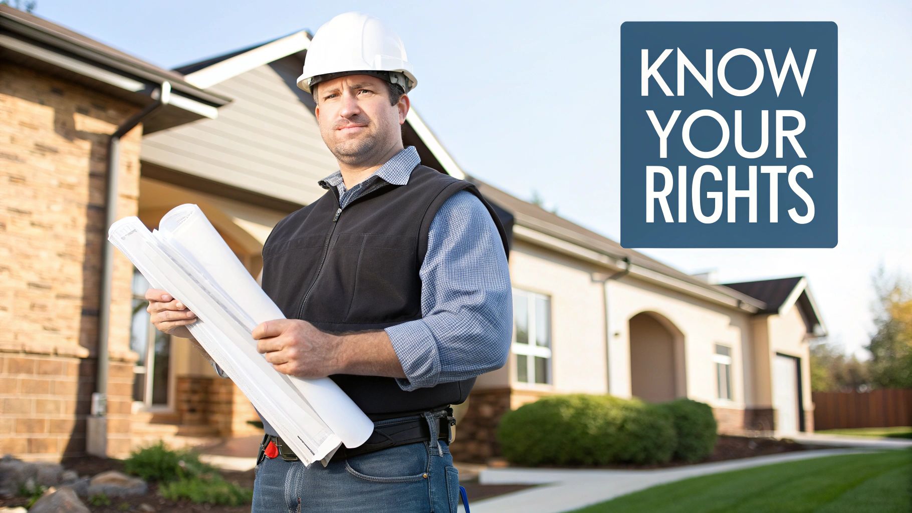 A construction worker wearing a hard hat and vest holds blueprints in front of a house, with a 'KNOW YOUR RIGHTS' sign.