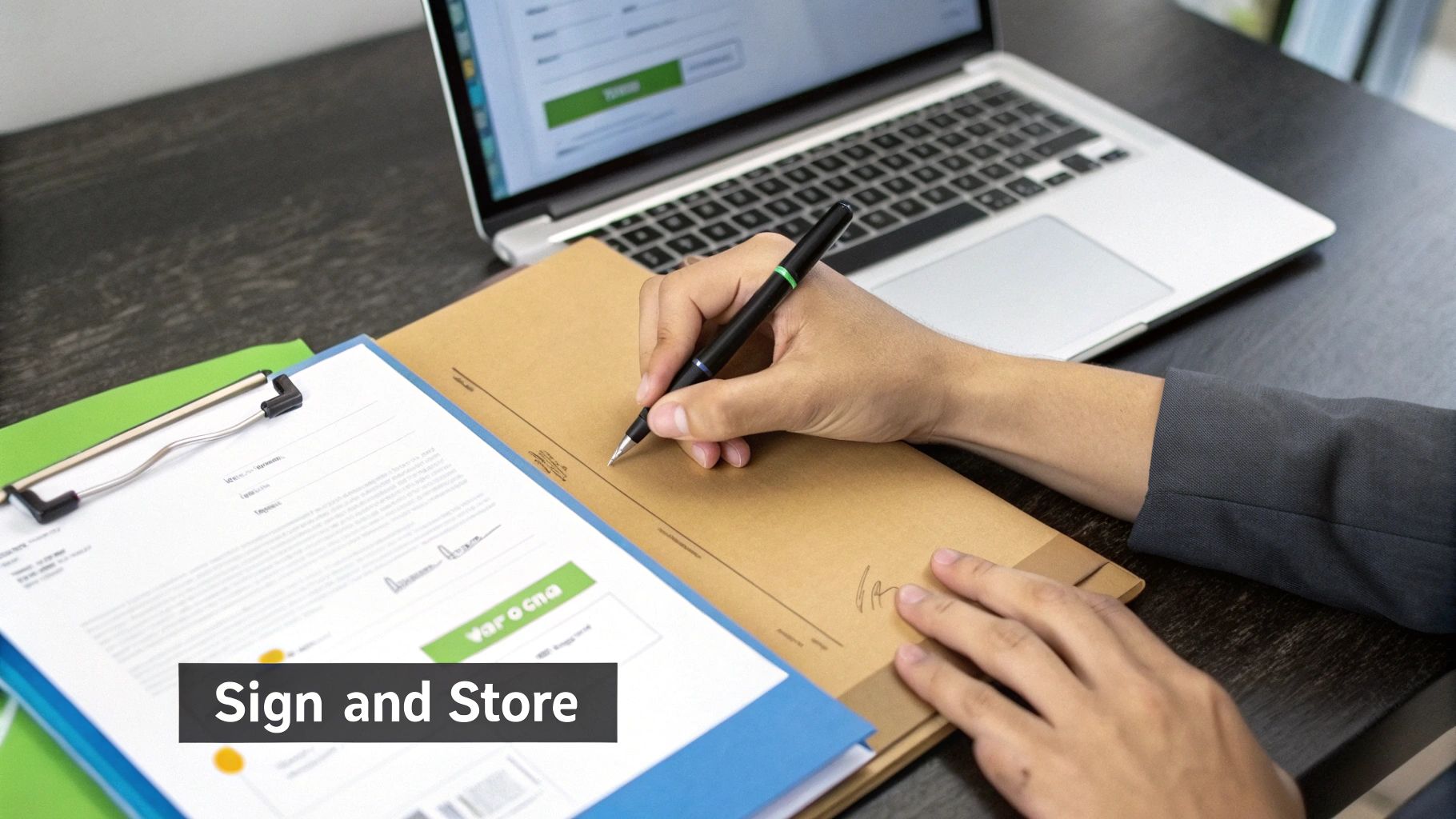 Professional signing business documents and contracts at desk with laptop computer