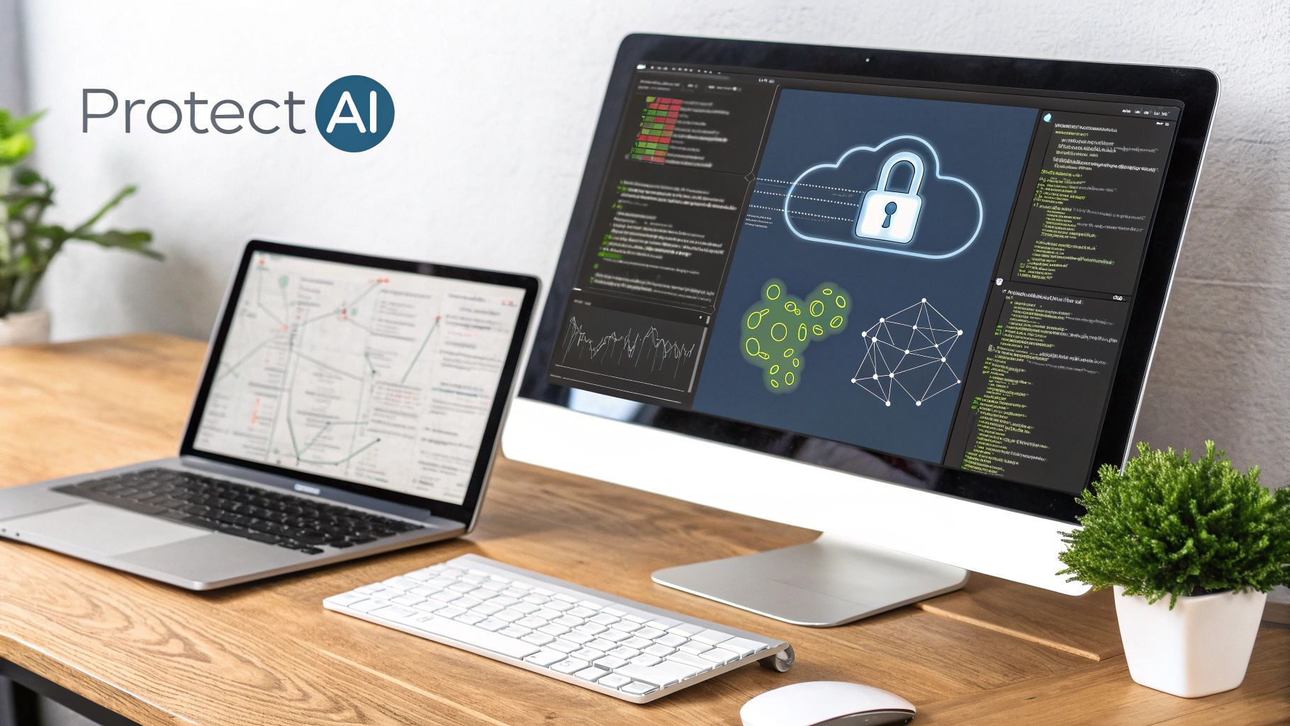 A desktop setup with a laptop and monitor displaying 'Protect AI' logo, cloud security, and data graphs.