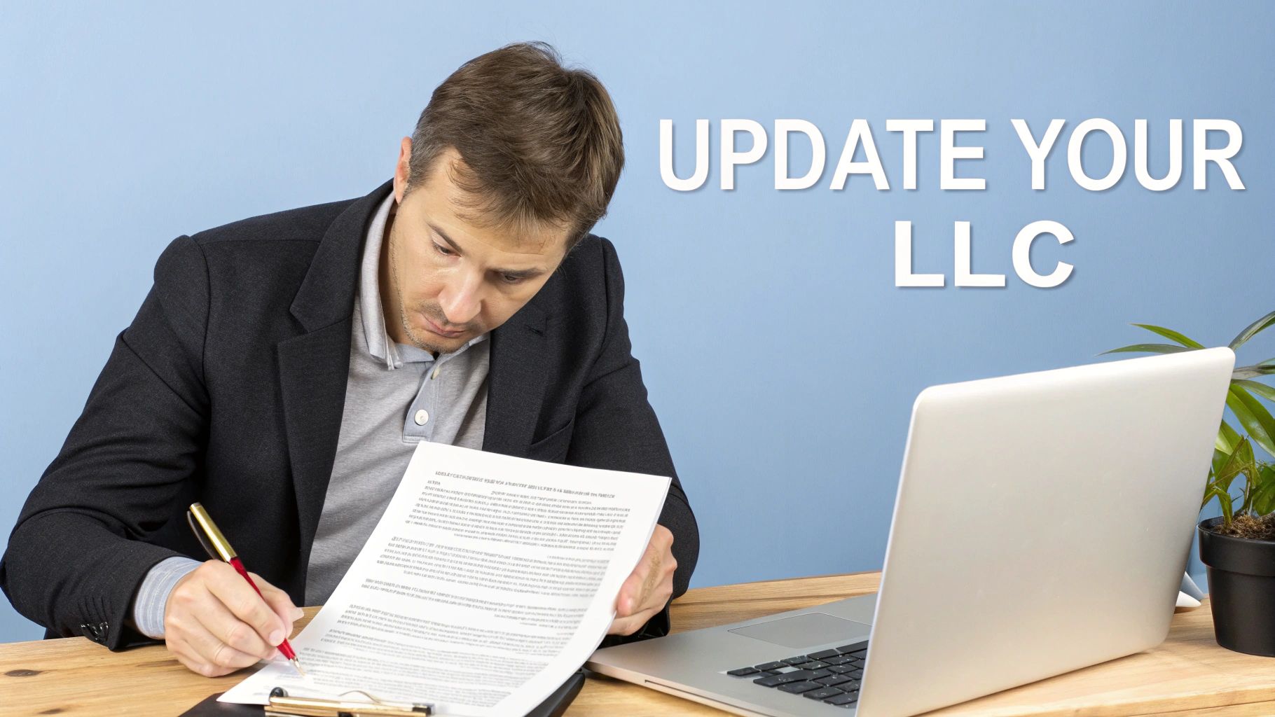 A man in a blazer signing documents at a desk with a laptop, updating his LLC.