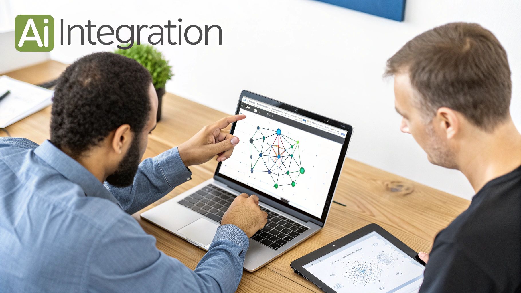 Two men collaborate on a laptop displaying an AI network diagram, with a tablet also showing data.