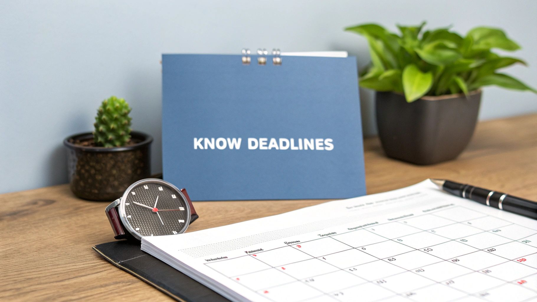 Desk calendar with watch and blue sign reading know deadlines for business filing reminders