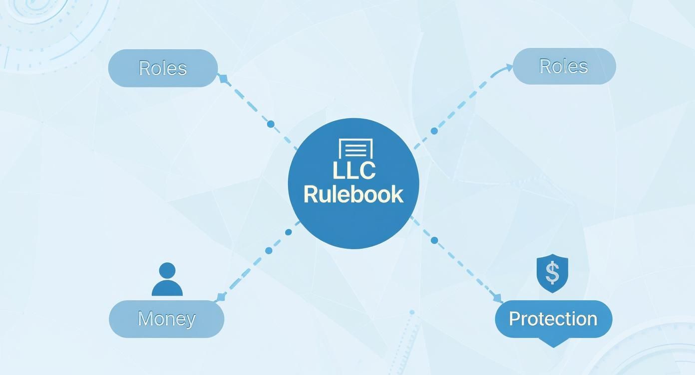 LLC rulebook diagram showing connections between roles, money, and protection for business structure