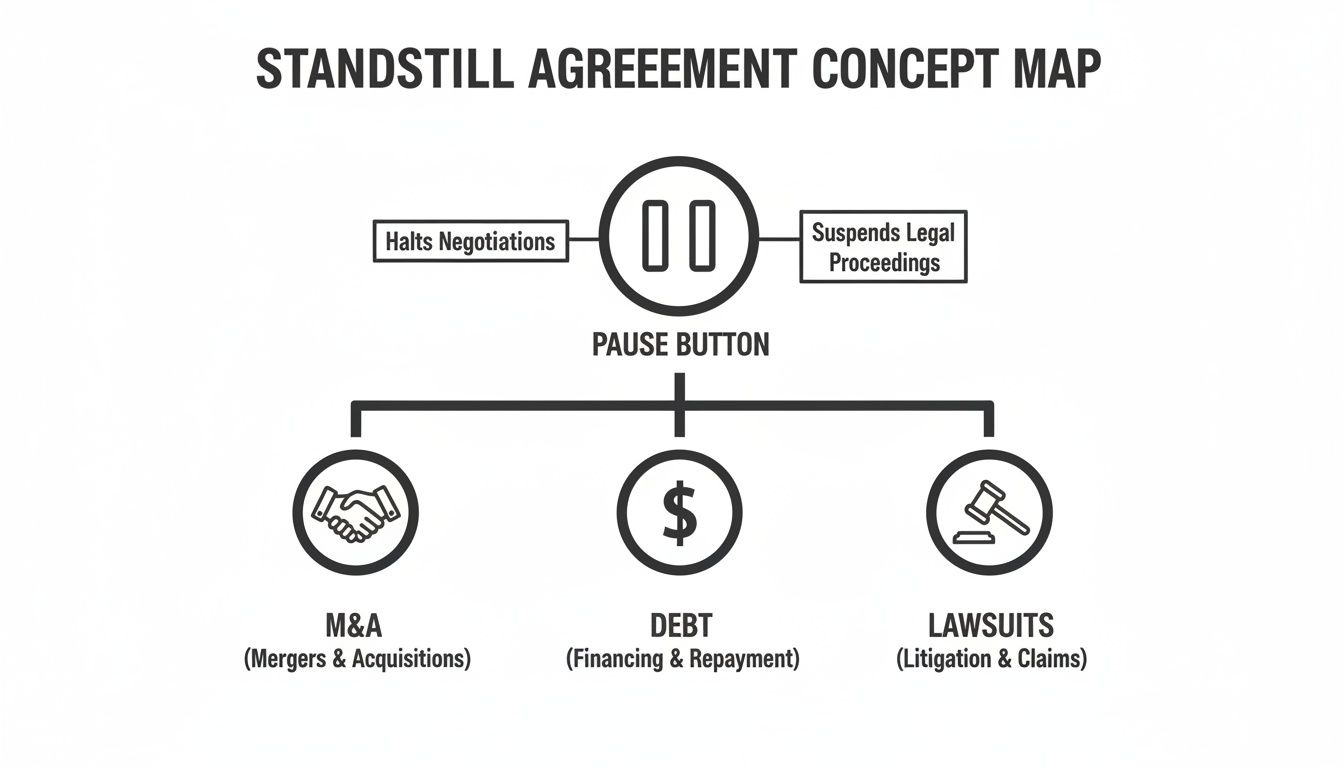 Concept map illustrating a standstill agreement, pausing negotiations, legal proceedings, M&A, debt, and lawsuits.