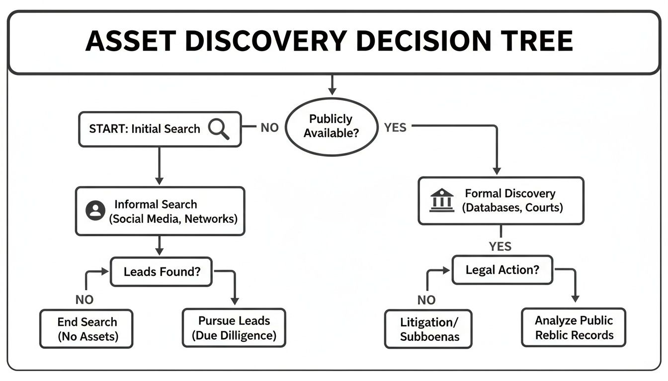 A flowchart detailing the asset discovery process, including informal and formal search methods.