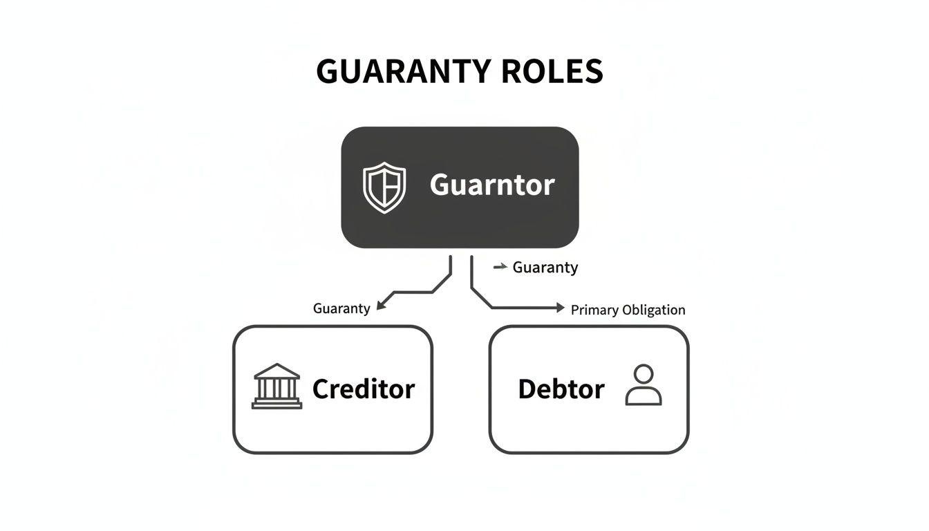 Diagram illustrating guaranty roles: Guarantor, Creditor, and Debtor, showing their relationships.