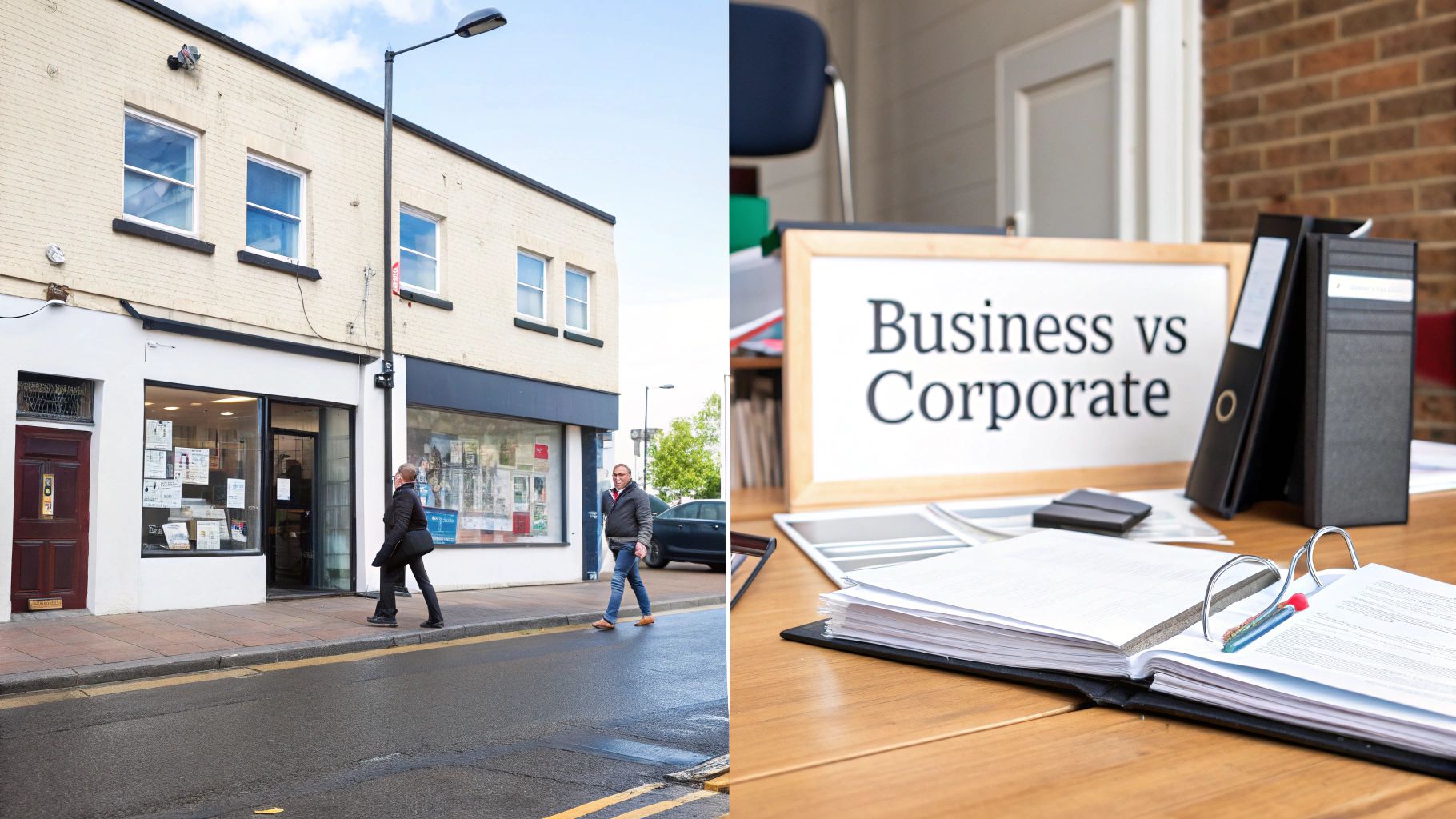 Split image showing a street scene with people and shops, and a desk with 'Business vs Corporate' sign and binders.