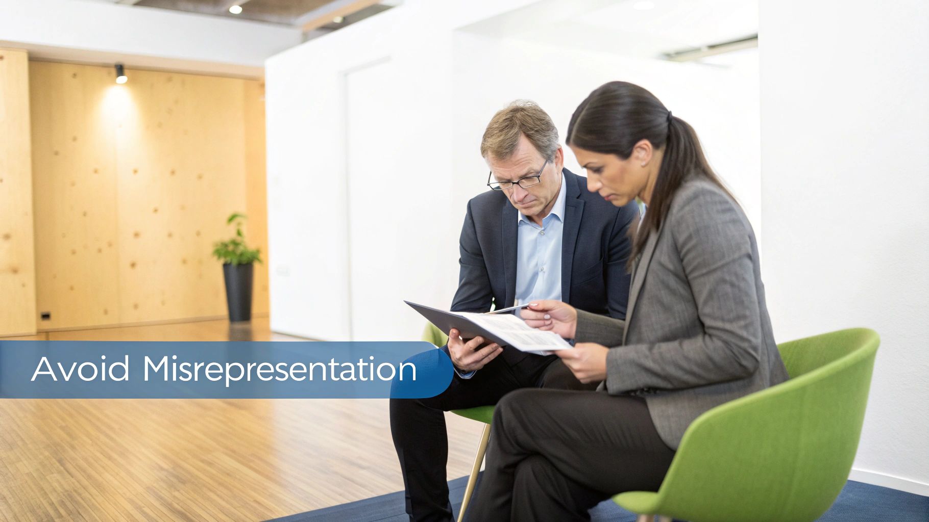Two business professionals reviewing documents together in an office, with text 'Avoid Misrepresentation'.