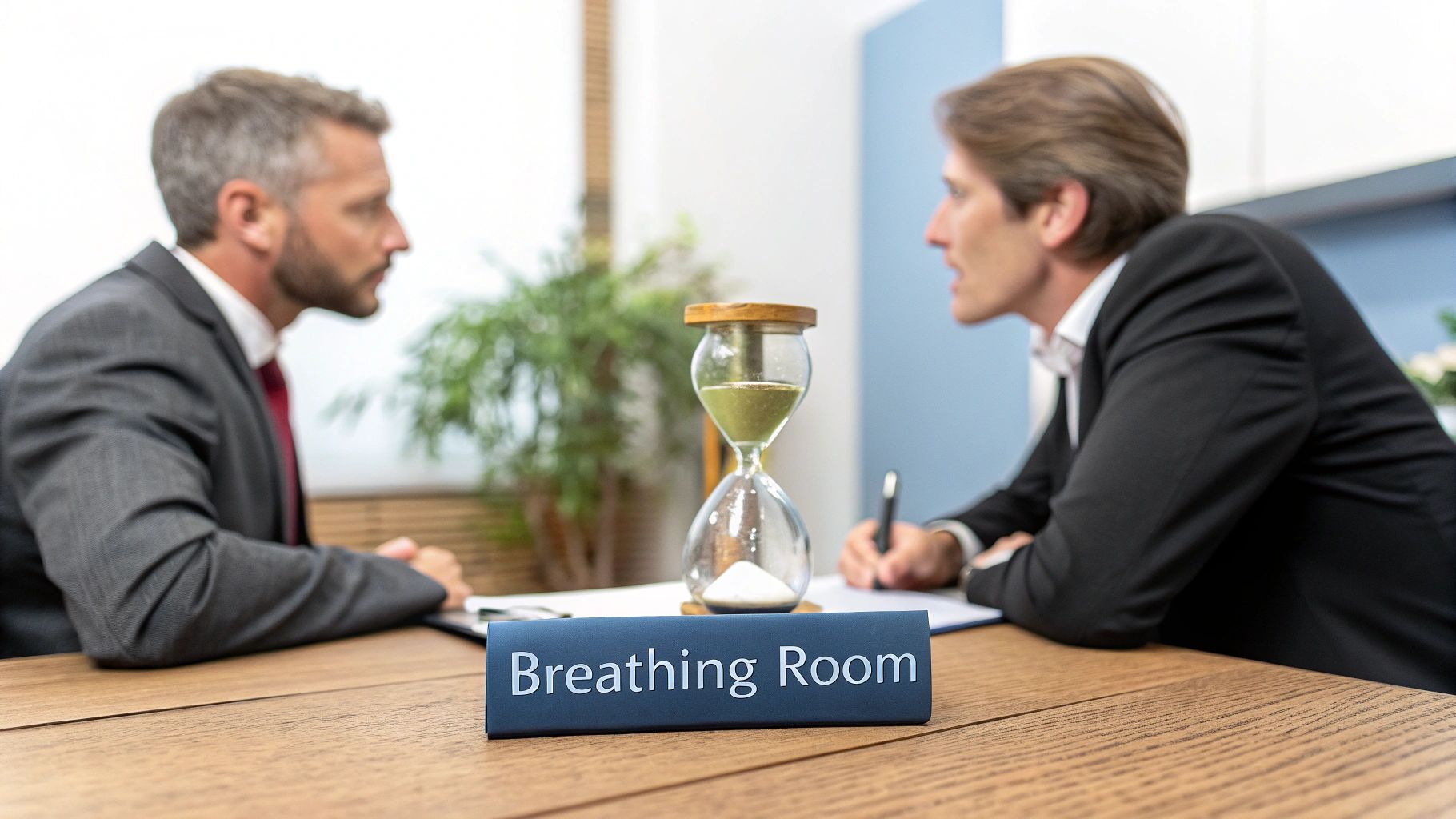 Two men in suits at a table with an hourglass and a 'Breathing Room' sign, indicating a timed discussion.