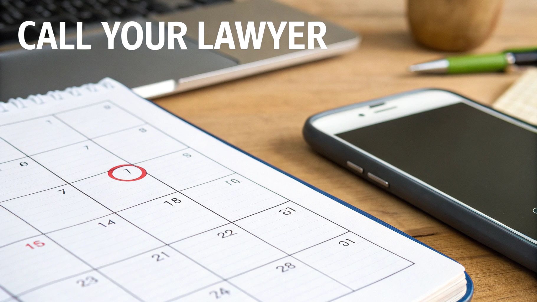 A calendar with '1' circled, a smartphone, and a laptop on a desk with 'CALL YOUR LAWYER' text.