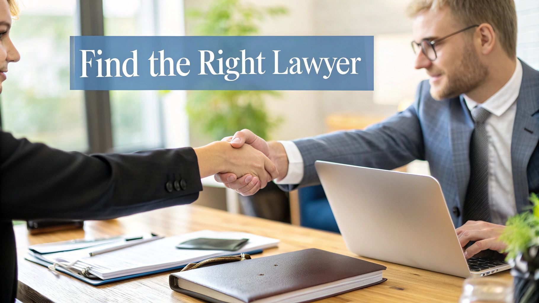 Two professionals, a man and a woman, shaking hands over a desk with the text "Find the Right Lawyer."