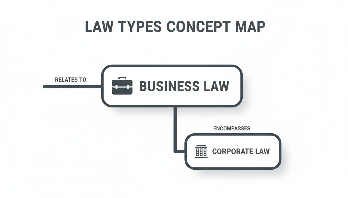 A concept map showing business law relates to corporate law, with relevant icons.