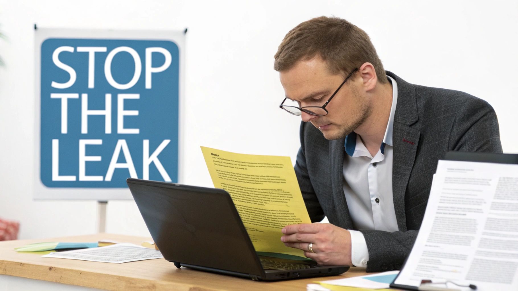 A man in glasses intently reads a yellow document at his desk with a laptop and a 'STOP THE LEAK' sign in the background.