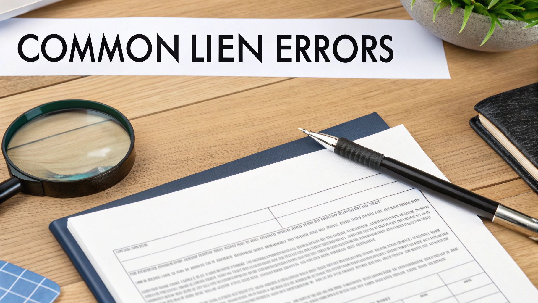 Paper titled 'COMMON LIEN ERRORS' with a magnifying glass, pen, and documents on a wooden desk.