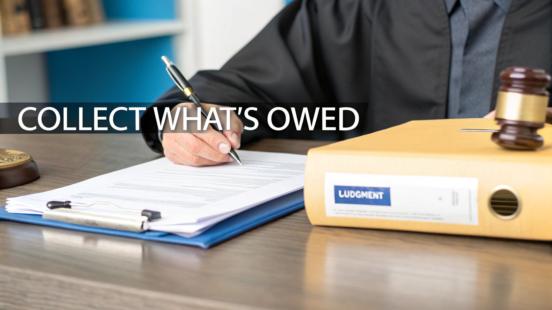 A person in a judicial robe signs legal documents at a desk, with a gavel and a 'JUDGMENT' file.