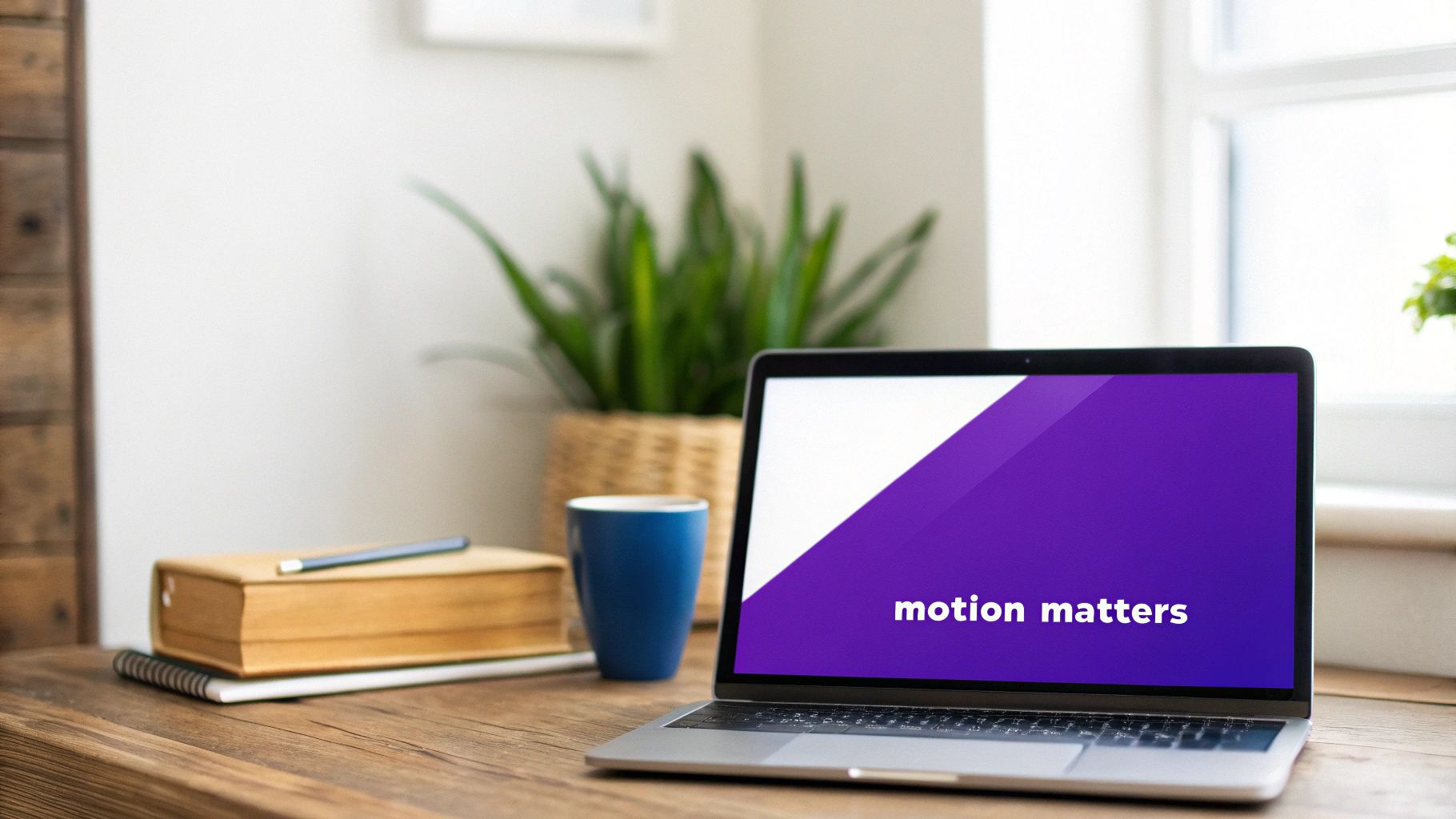 A laptop on a wooden desk displays 'motion matters' on its screen, with books and a blue mug nearby.
