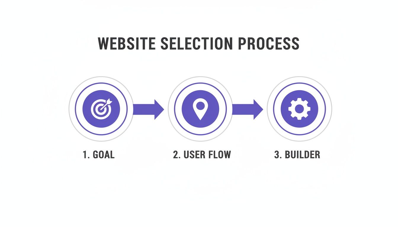 Infographic illustrating the website selection process with three steps: Goal, User Flow, and Builder.