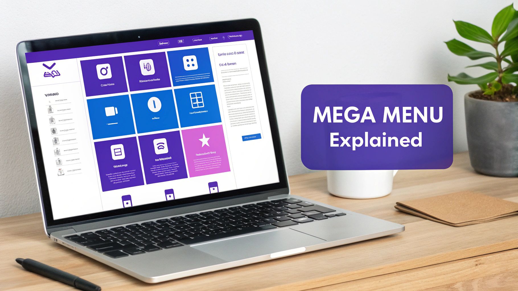 A person's hand pointing at a large, well-organized mega menu on a computer screen, showing various product categories and images.