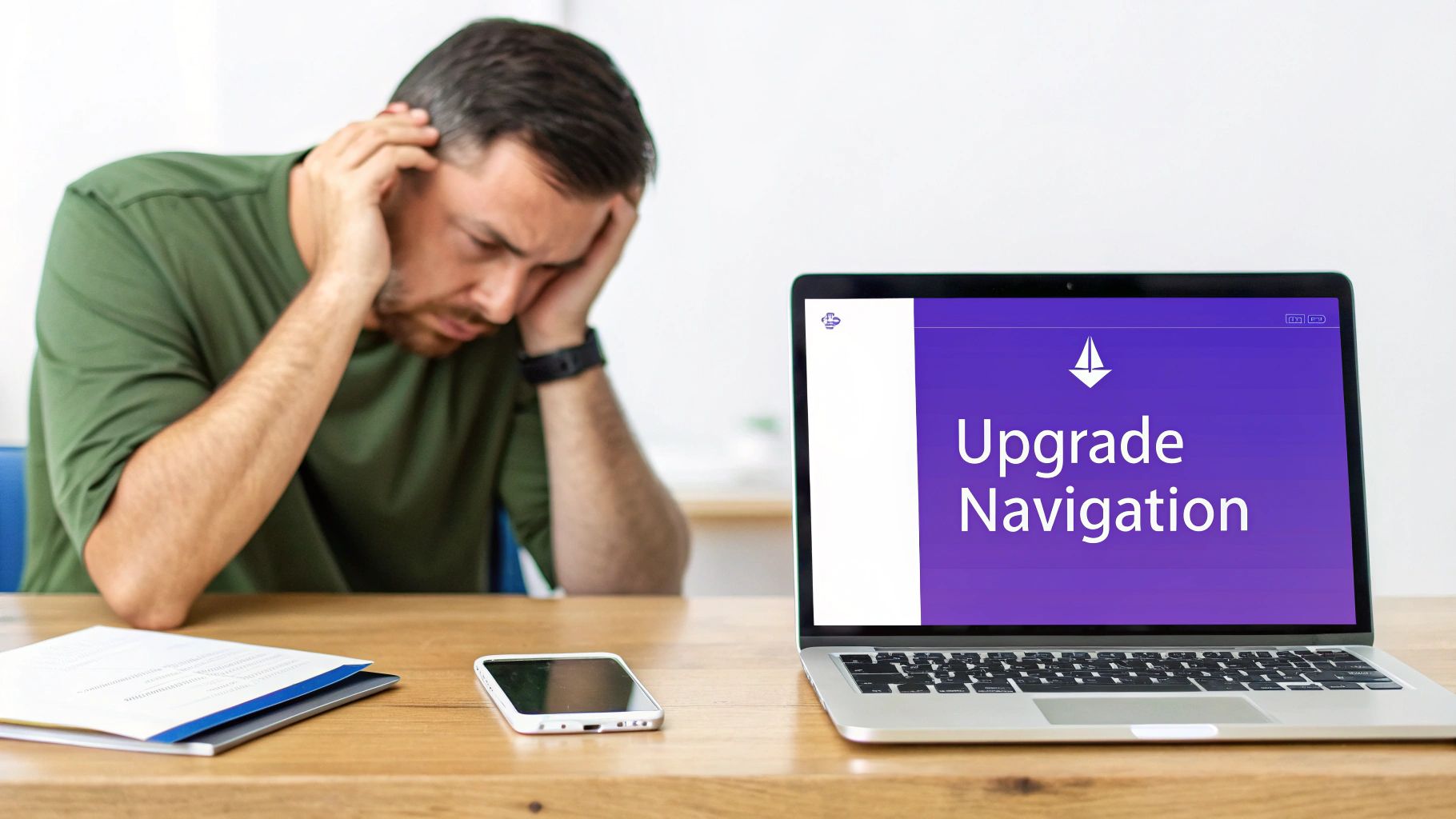 A man looks stressed while looking at a laptop screen displaying 'Upgrade Navigation'.