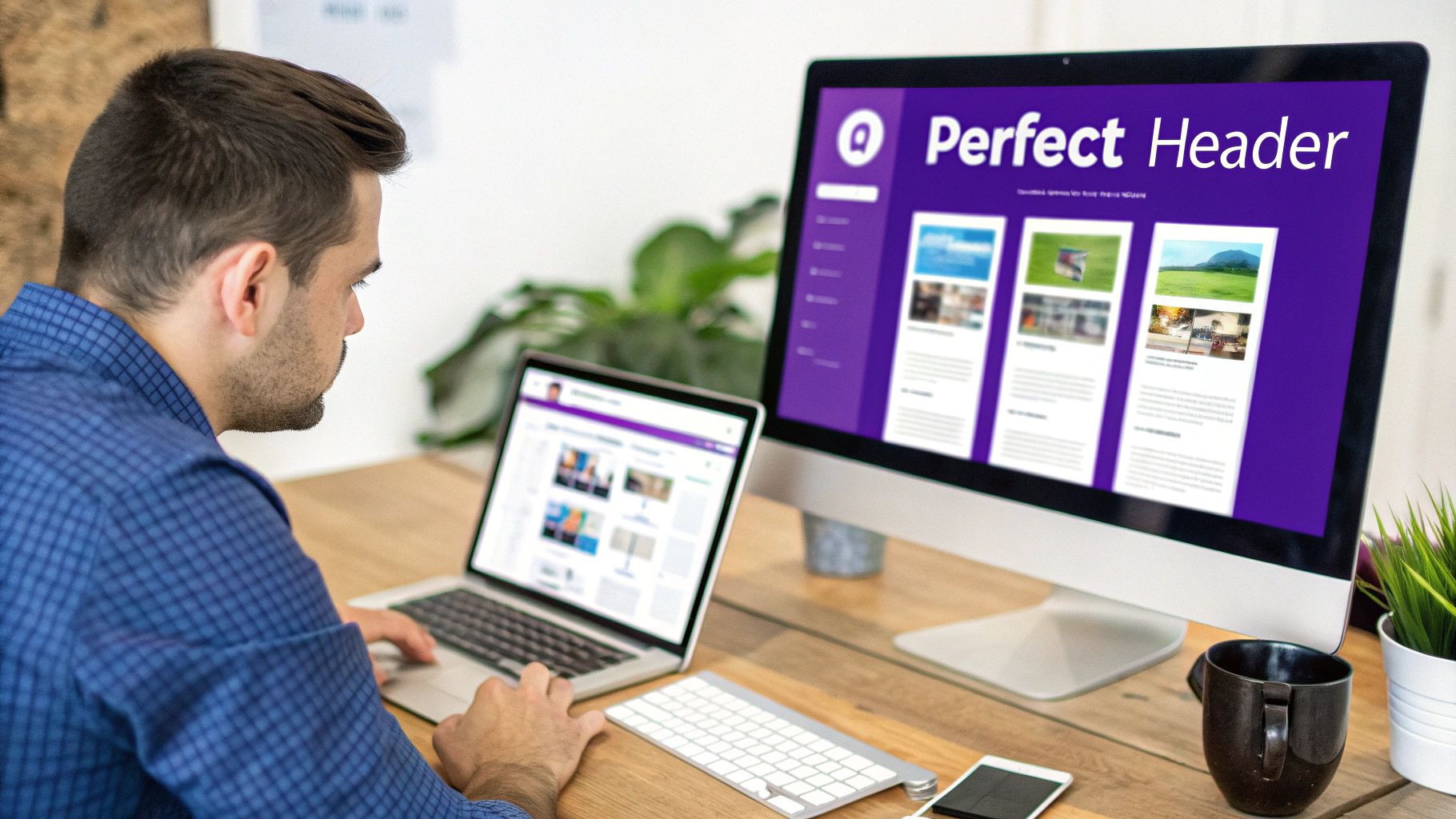 A man in a plaid shirt works on a laptop, with a large monitor displaying a website design.