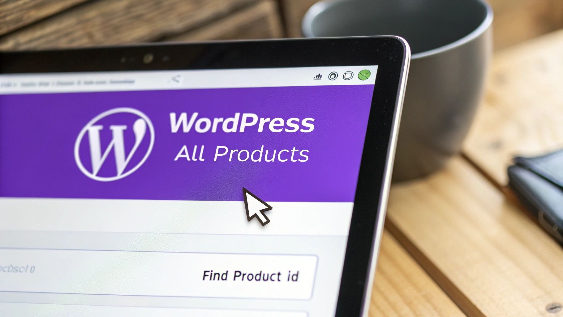 A laptop screen displays a WordPress 'All Products' page with a cursor pointing to 'Find Product id'.