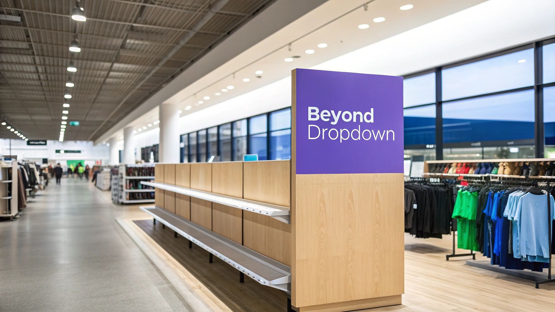 A modern retail store interior with clothing racks, wooden displays, and a large purple sign reading 'Beyond Dropdown'.