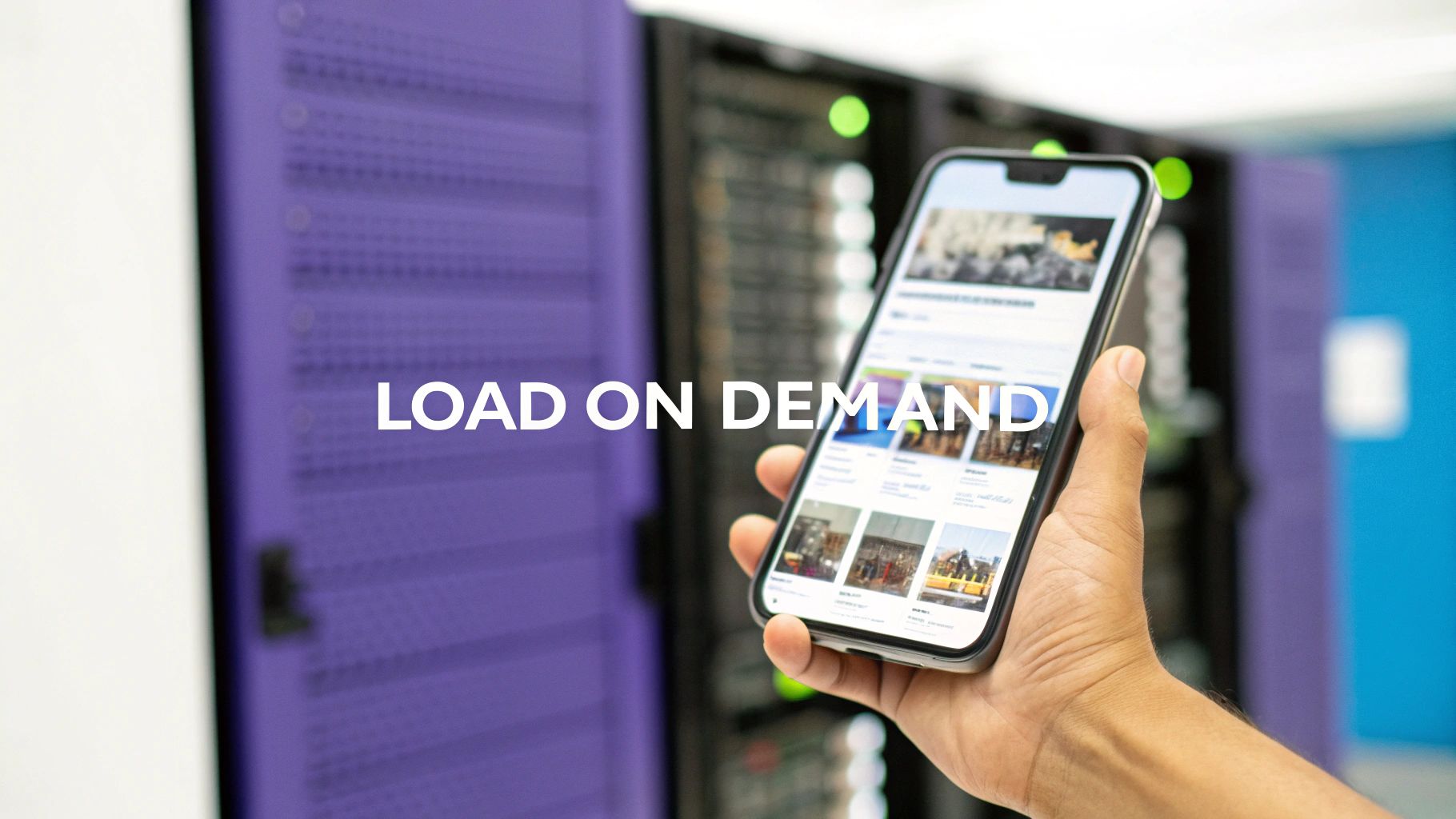 A hand holds a smartphone showing an image gallery, with server racks in the background and 'LOAD ON DEMAND' text.