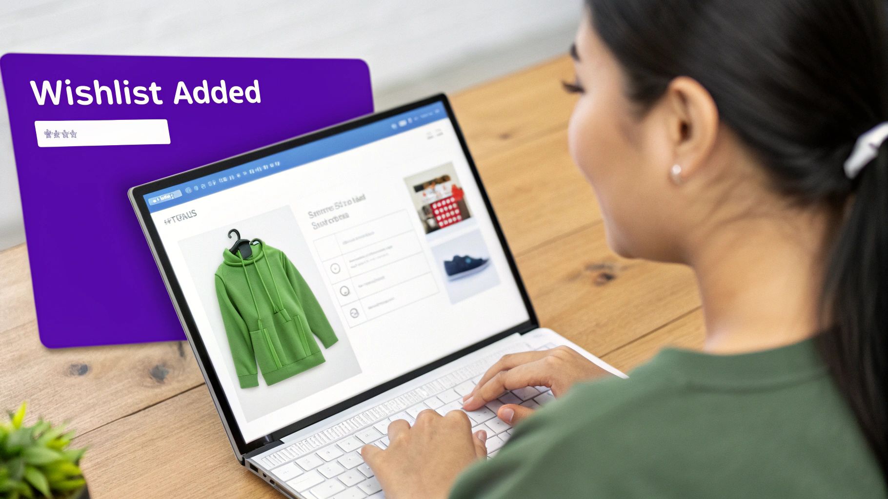 A woman adding a green hoodie to her wishlist on a laptop, with a "Wishlist Added" notification.