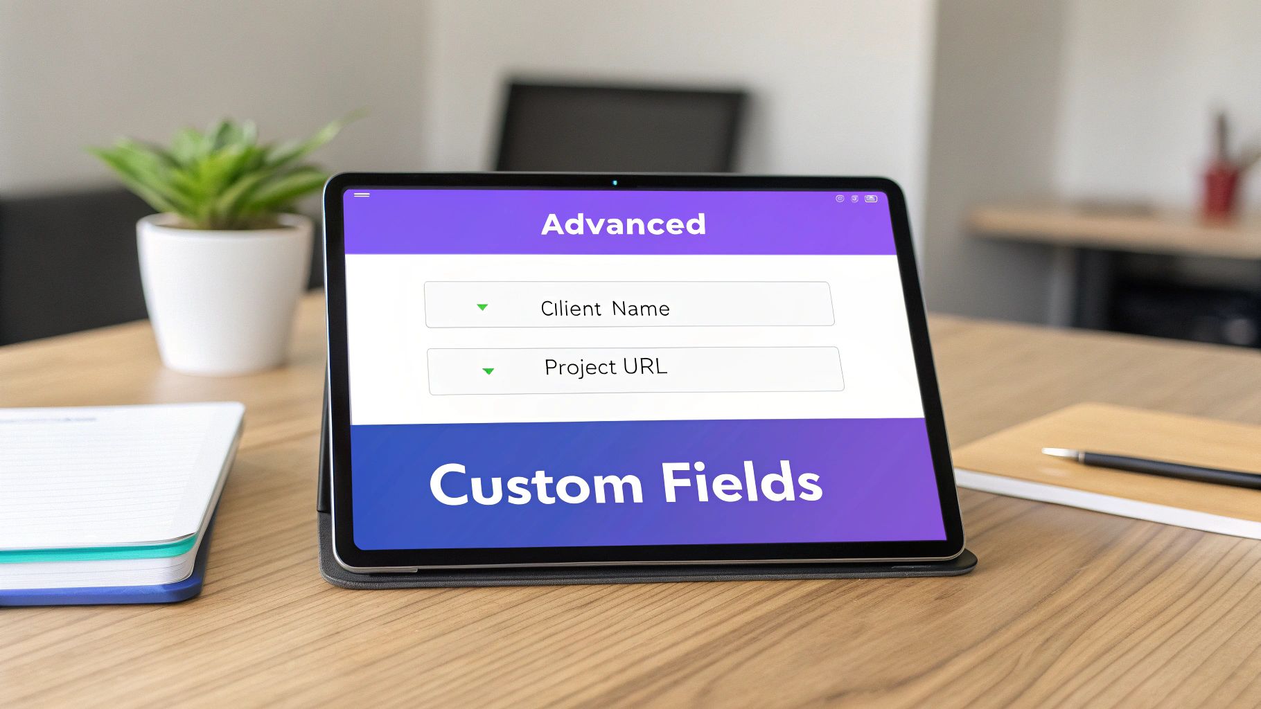 A tablet displays an 'Advanced' form with 'Client Name' and 'Project URL' input fields, titled 'Custom Fields'.