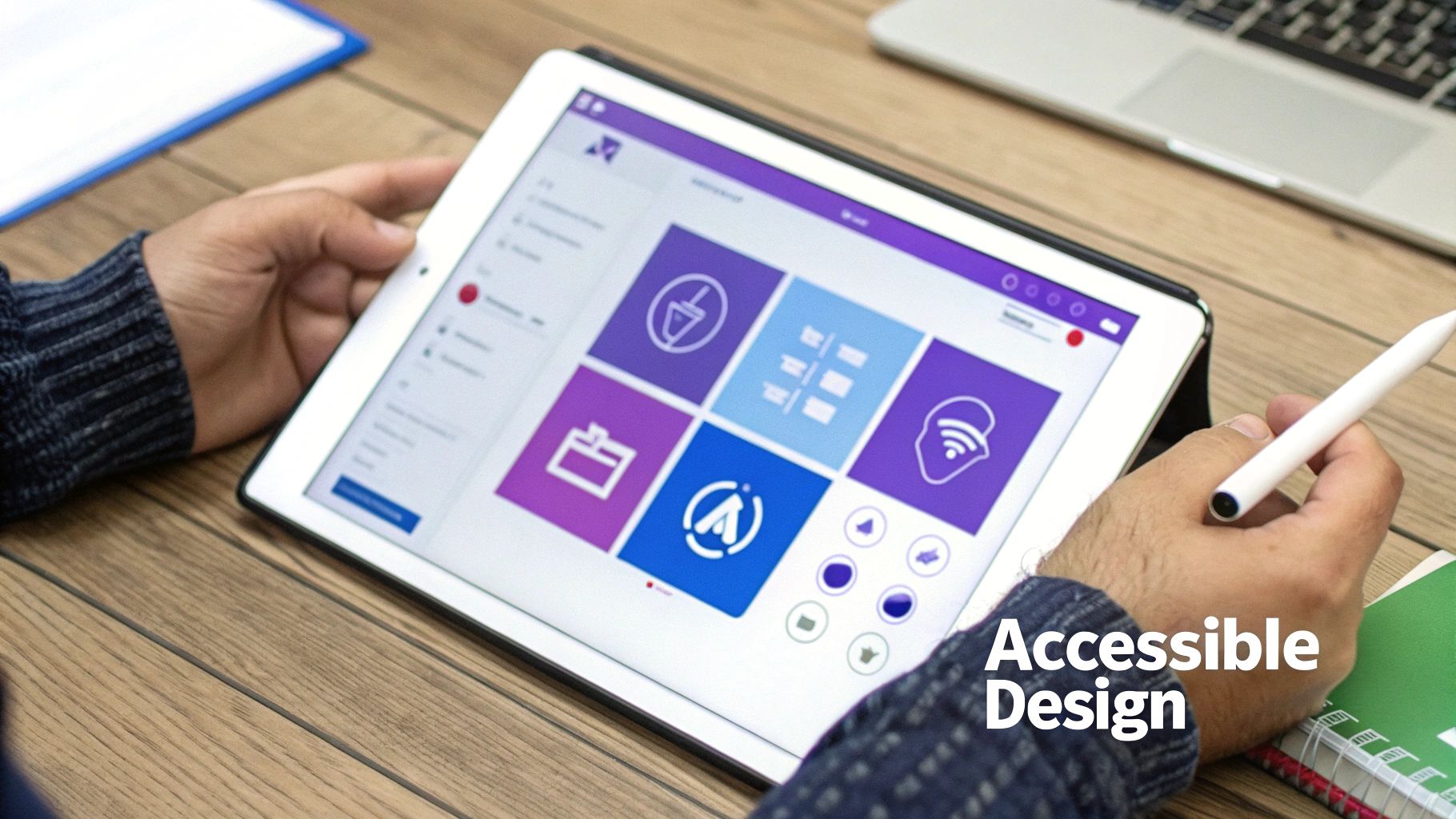 Hands hold a tablet displaying an application with colorful accessibility-themed icons and a stylus.