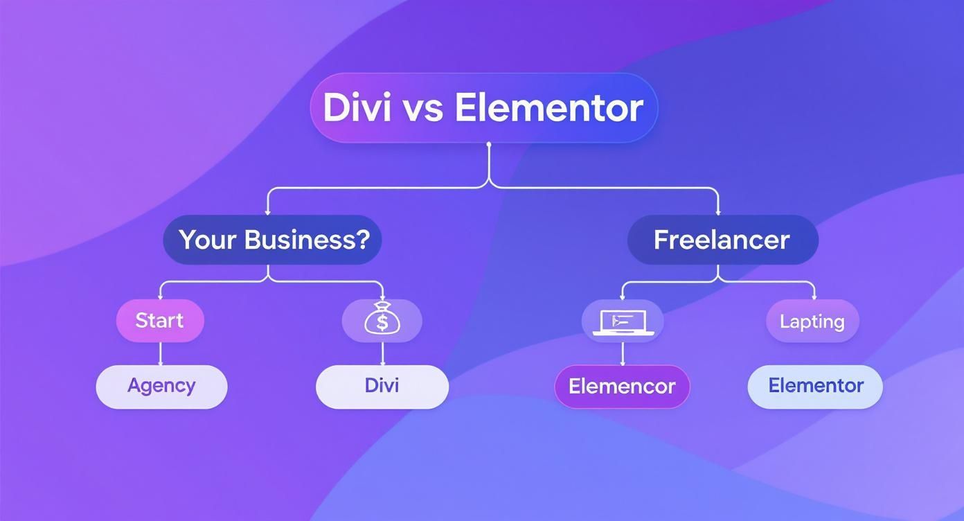 Decision flowchart comparing Divi versus Elementor for business agencies, freelancers, and laptop users