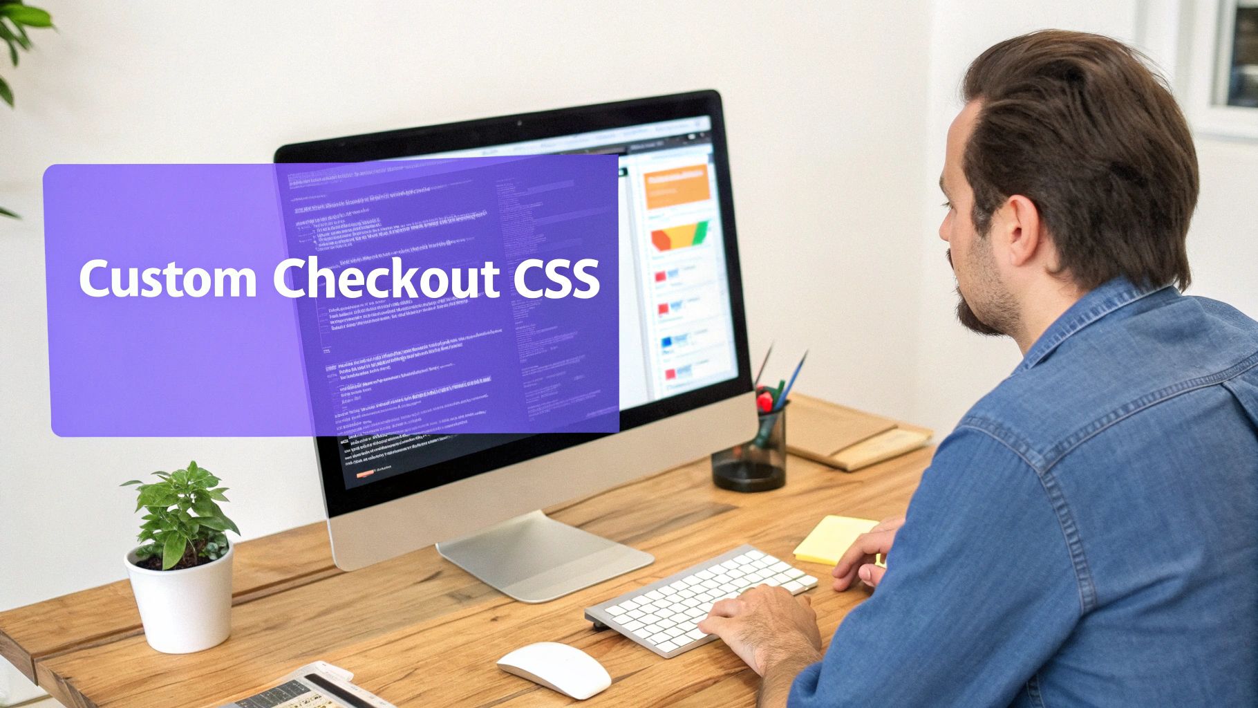 Web developer customizing WooCommerce checkout page CSS code on computer monitor at desk