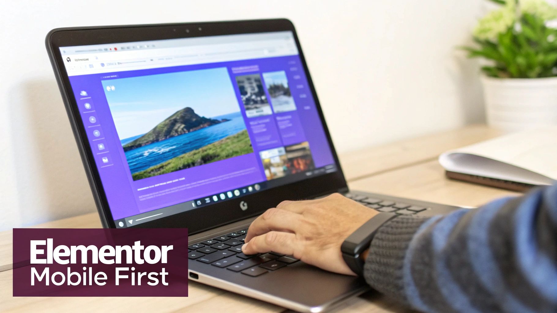 A person's hands typing on a laptop, displaying a website editor interface with images and text, highlighting mobile-first design.