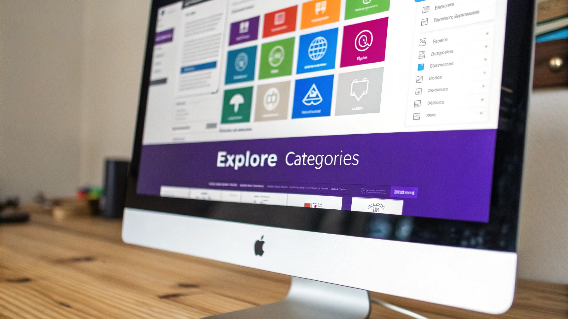An Apple iMac displays a website with colorful category icons and 'Explore Categories' text.