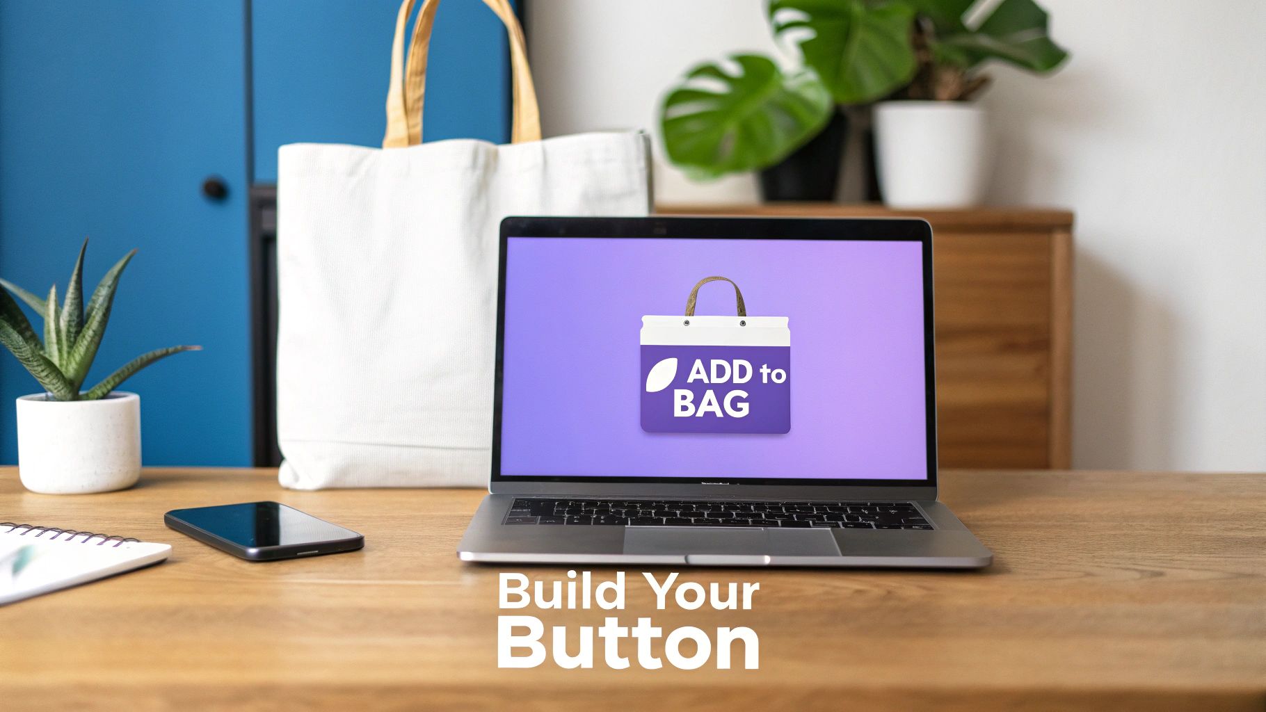 Laptop displaying an 'Add to Bag' button icon on a wooden desk with a tote bag and plants.