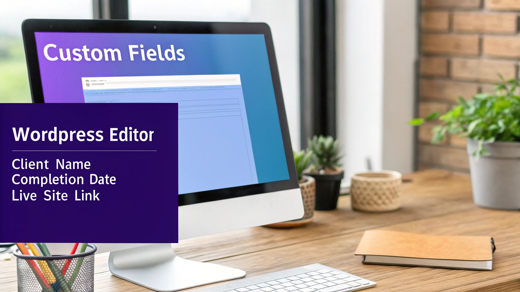 Computer screen showing WordPress editor with custom fields for client name, completion date, and live site link.