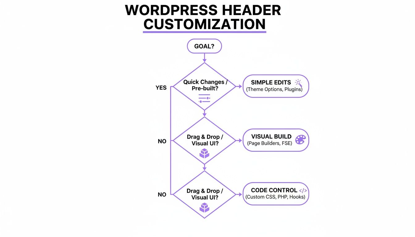 A flowchart outlining WordPress header customization steps, from quick changes to advanced code control.