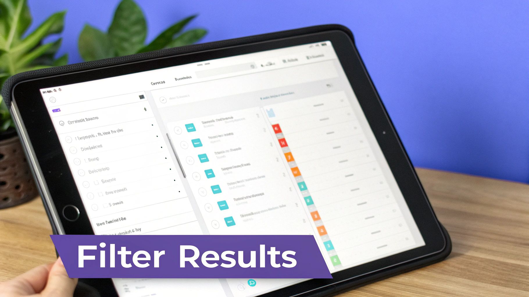 A close-up of a tablet screen displaying an application interface with lists and filter options, highlighted by a 'Filter Results' banner.