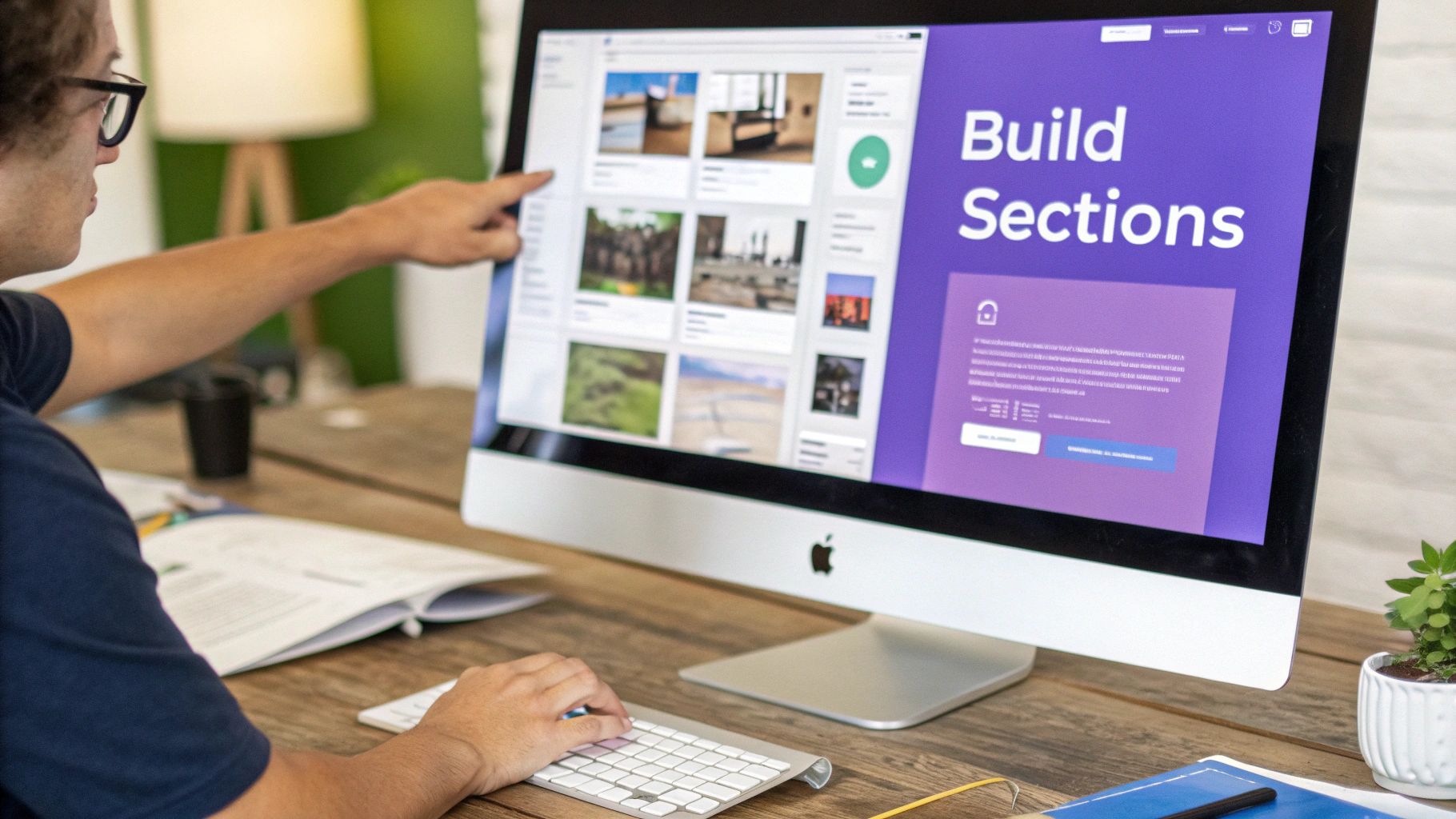 Person points at an iMac screen displaying a website design interface with 'Build Sections' text.