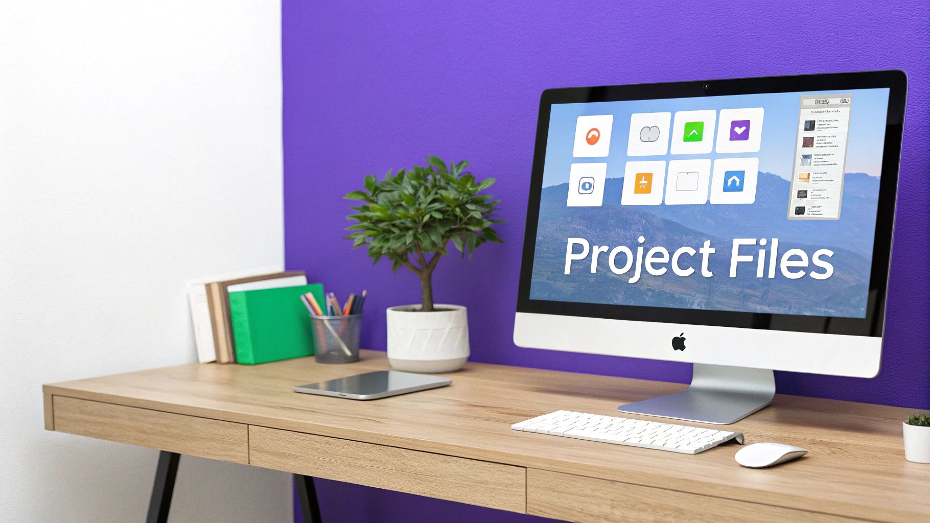 A modern office desk setup with an iMac displaying 'Project Files' and various app icons.
