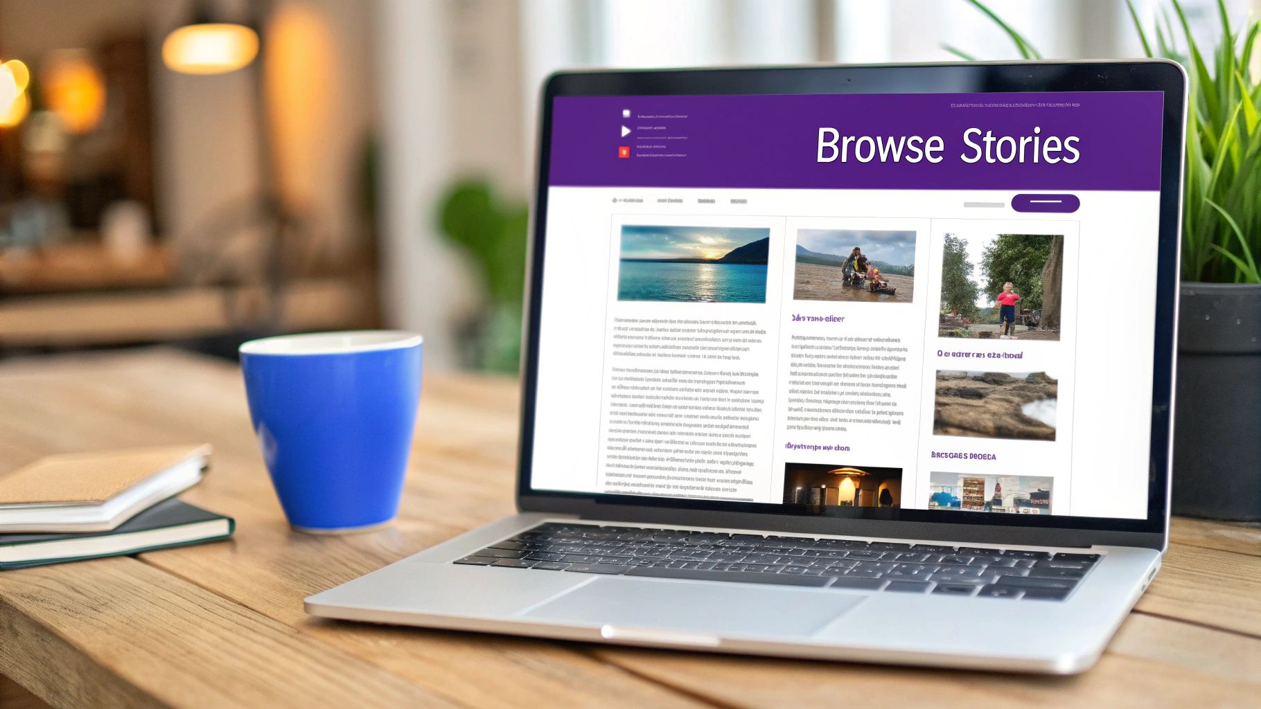 A laptop on a wooden table displays a 'Browse Stories' blog page with various articles. A blue mug and notebooks are nearby.