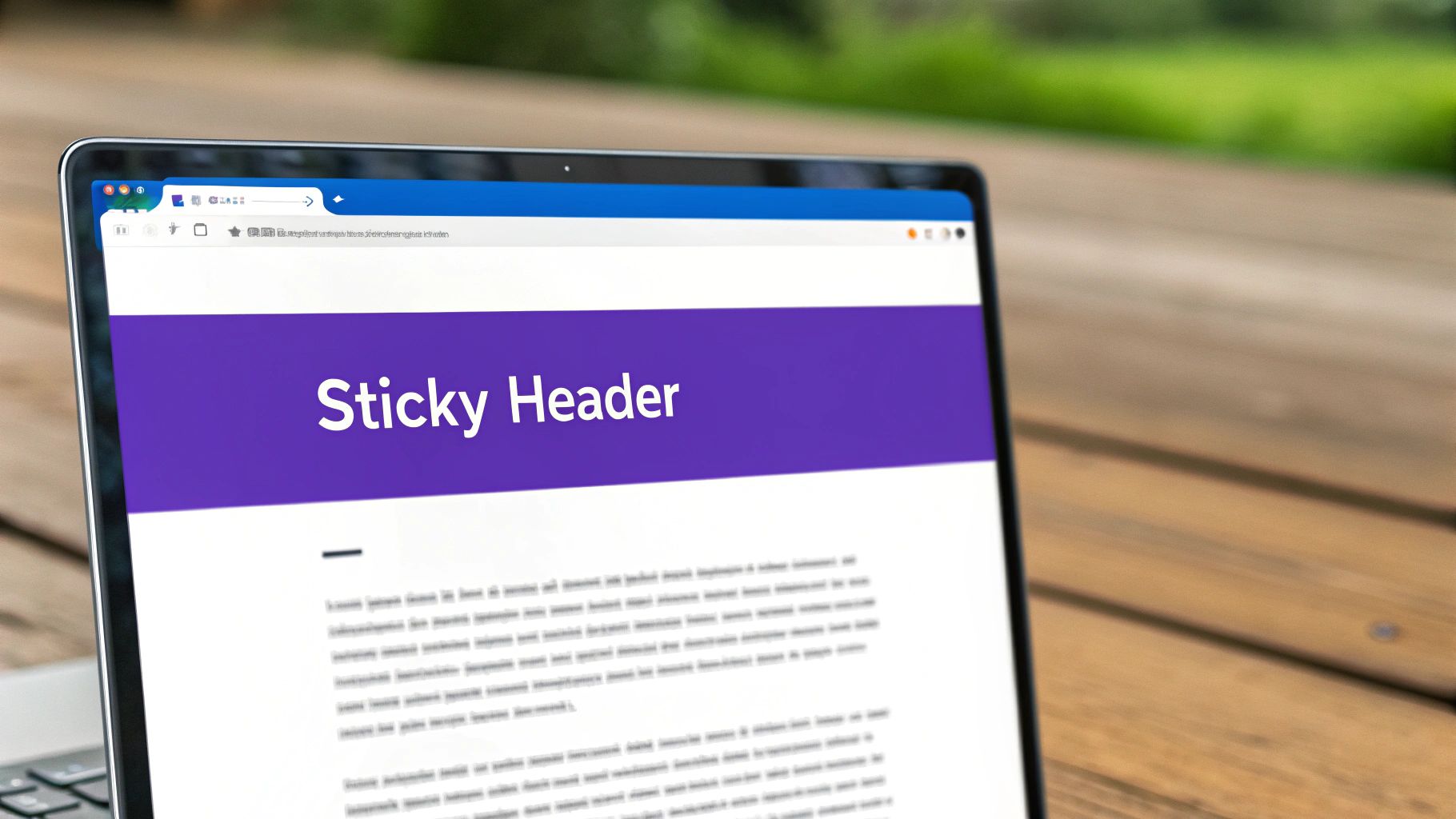Laptop displaying a webpage with a 'Sticky Header' on a purple banner, set outdoors on a wooden table.