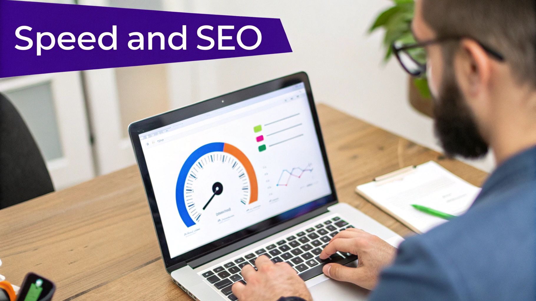 A man works on a laptop displaying speed and SEO metrics, featuring charts and a performance gauge.