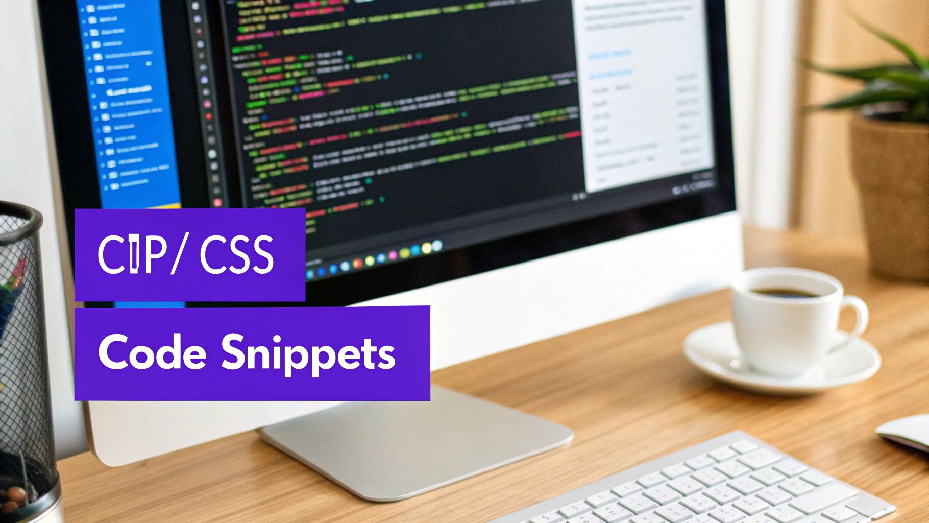 A computer screen showing code, a keyboard, and coffee cup with 'CIP / CSS Code Snippets' text.